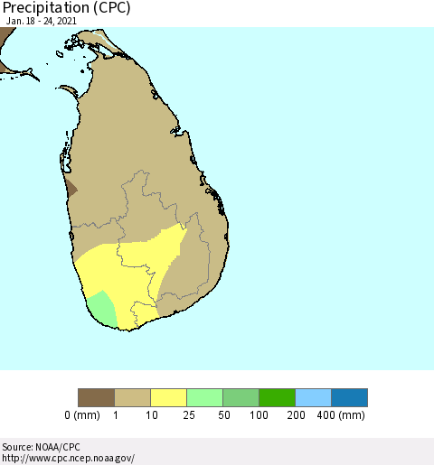 Sri Lanka Precipitation (CPC) Thematic Map For 1/18/2021 - 1/24/2021