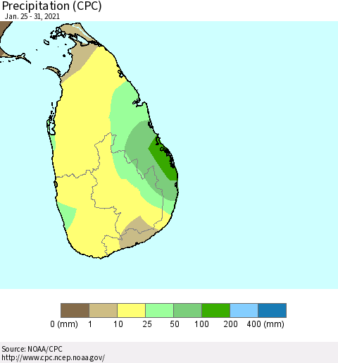 Sri Lanka Precipitation (CPC) Thematic Map For 1/25/2021 - 1/31/2021