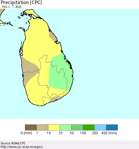 Sri Lanka Precipitation (CPC) Thematic Map For 2/1/2021 - 2/7/2021