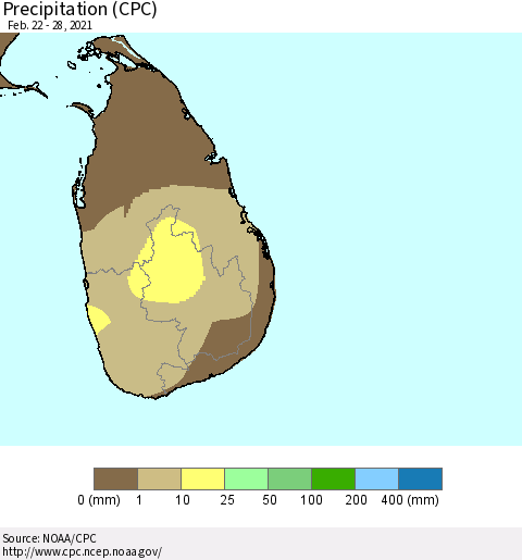 Sri Lanka Precipitation (CPC) Thematic Map For 2/22/2021 - 2/28/2021