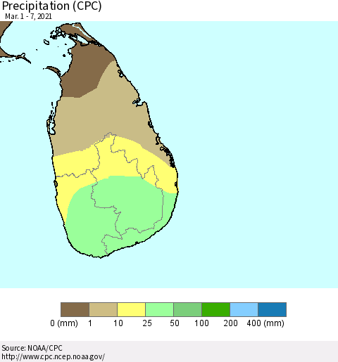 Sri Lanka Precipitation (CPC) Thematic Map For 3/1/2021 - 3/7/2021