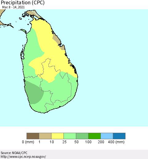 Sri Lanka Precipitation (CPC) Thematic Map For 3/8/2021 - 3/14/2021