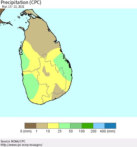Sri Lanka Precipitation (CPC) Thematic Map For 3/15/2021 - 3/21/2021