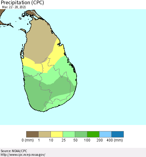 Sri Lanka Precipitation (CPC) Thematic Map For 3/22/2021 - 3/28/2021
