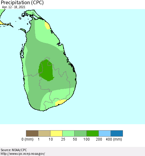 Sri Lanka Precipitation (CPC) Thematic Map For 4/12/2021 - 4/18/2021