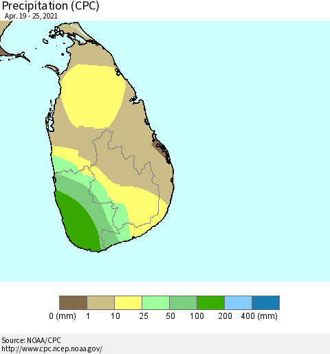 Sri Lanka Precipitation (CPC) Thematic Map For 4/19/2021 - 4/25/2021