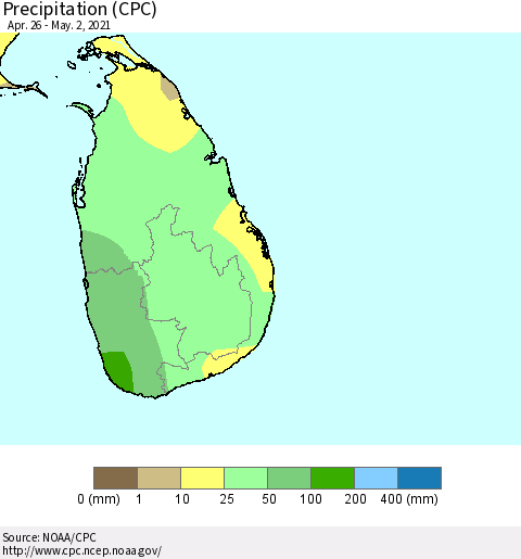 Sri Lanka Precipitation (CPC) Thematic Map For 4/26/2021 - 5/2/2021
