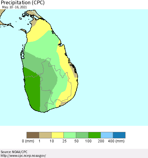Sri Lanka Precipitation (CPC) Thematic Map For 5/10/2021 - 5/16/2021