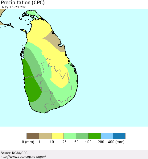Sri Lanka Precipitation (CPC) Thematic Map For 5/17/2021 - 5/23/2021