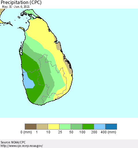 Sri Lanka Precipitation (CPC) Thematic Map For 5/31/2021 - 6/6/2021