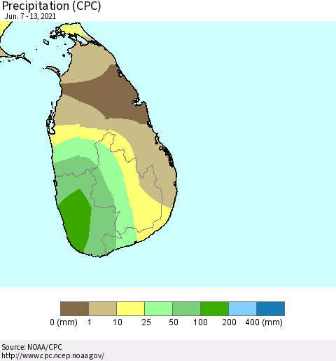 Sri Lanka Precipitation (CPC) Thematic Map For 6/7/2021 - 6/13/2021