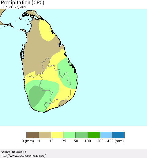 Sri Lanka Precipitation (CPC) Thematic Map For 6/21/2021 - 6/27/2021