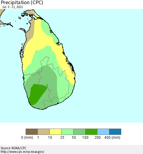 Sri Lanka Precipitation (CPC) Thematic Map For 7/5/2021 - 7/11/2021