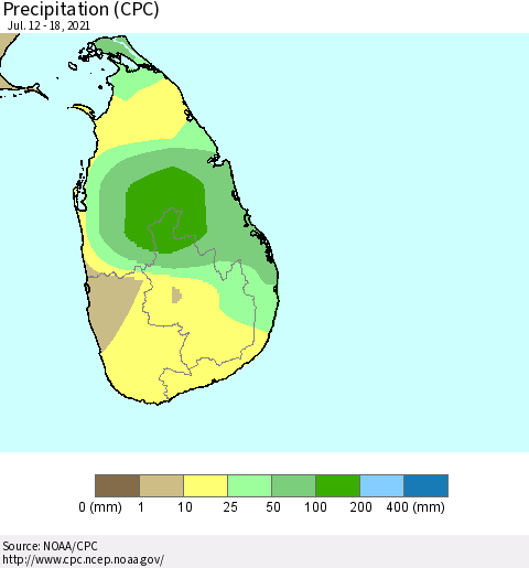 Sri Lanka Precipitation (CPC) Thematic Map For 7/12/2021 - 7/18/2021