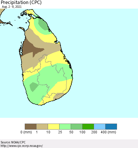 Sri Lanka Precipitation (CPC) Thematic Map For 8/2/2021 - 8/8/2021