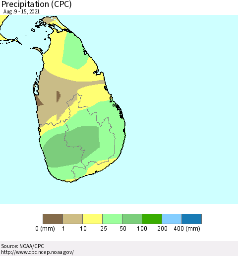 Sri Lanka Precipitation (CPC) Thematic Map For 8/9/2021 - 8/15/2021