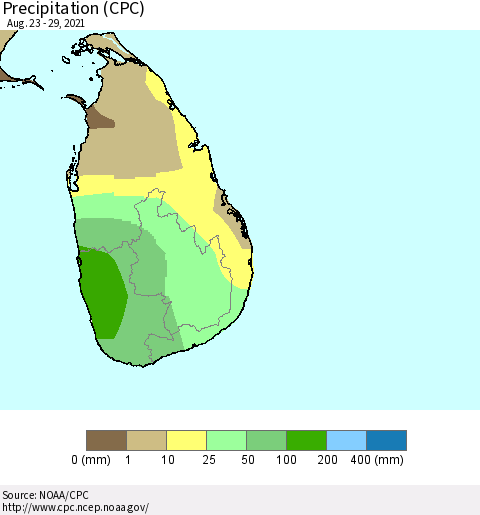 Sri Lanka Precipitation (CPC) Thematic Map For 8/23/2021 - 8/29/2021