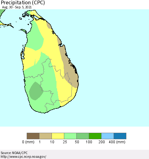Sri Lanka Precipitation (CPC) Thematic Map For 8/30/2021 - 9/5/2021