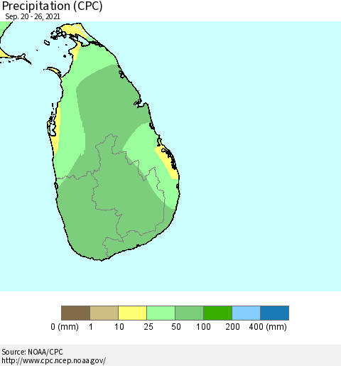 Sri Lanka Precipitation (CPC) Thematic Map For 9/20/2021 - 9/26/2021