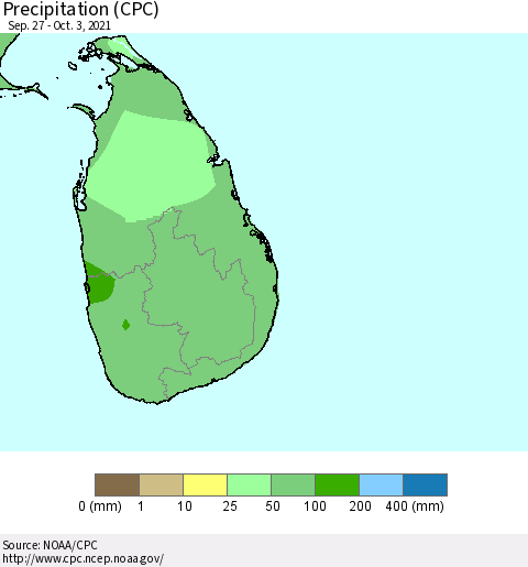 Sri Lanka Precipitation (CPC) Thematic Map For 9/27/2021 - 10/3/2021