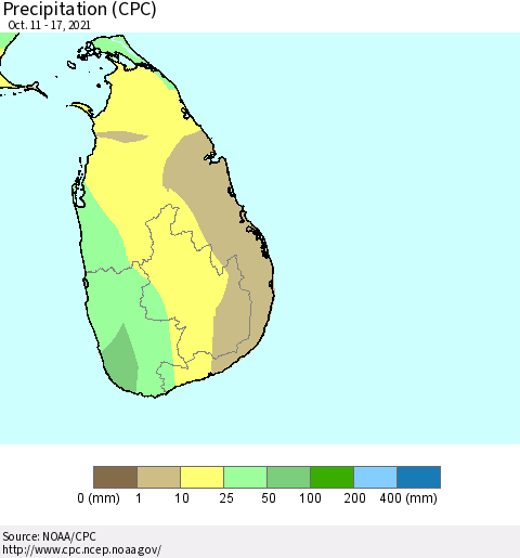 Sri Lanka Precipitation (CPC) Thematic Map For 10/11/2021 - 10/17/2021