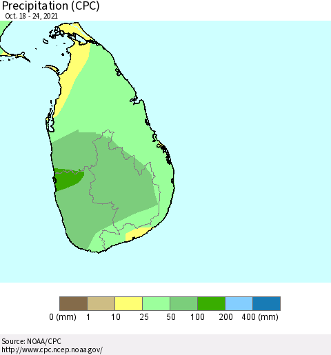 Sri Lanka Precipitation (CPC) Thematic Map For 10/18/2021 - 10/24/2021