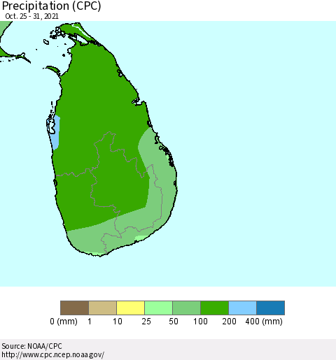 Sri Lanka Precipitation (CPC) Thematic Map For 10/25/2021 - 10/31/2021