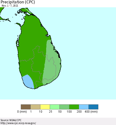 Sri Lanka Precipitation (CPC) Thematic Map For 11/1/2021 - 11/7/2021