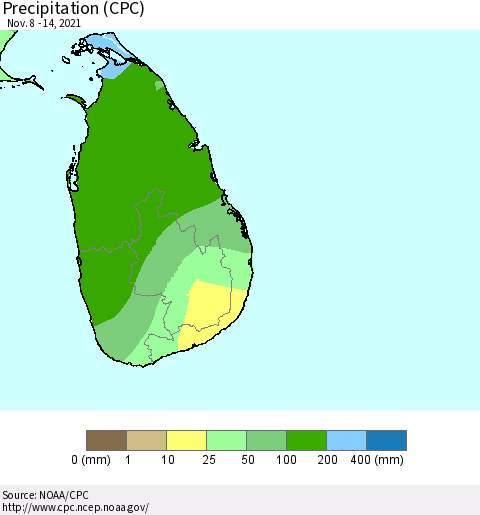 Sri Lanka Precipitation (CPC) Thematic Map For 11/8/2021 - 11/14/2021