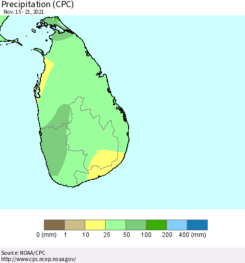 Sri Lanka Precipitation (CPC) Thematic Map For 11/15/2021 - 11/21/2021