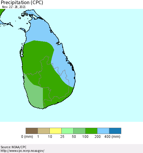 Sri Lanka Precipitation (CPC) Thematic Map For 11/22/2021 - 11/28/2021