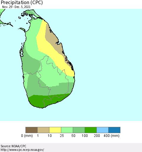 Sri Lanka Precipitation (CPC) Thematic Map For 11/29/2021 - 12/5/2021