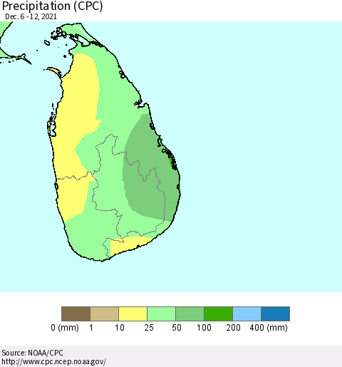Sri Lanka Precipitation (CPC) Thematic Map For 12/6/2021 - 12/12/2021
