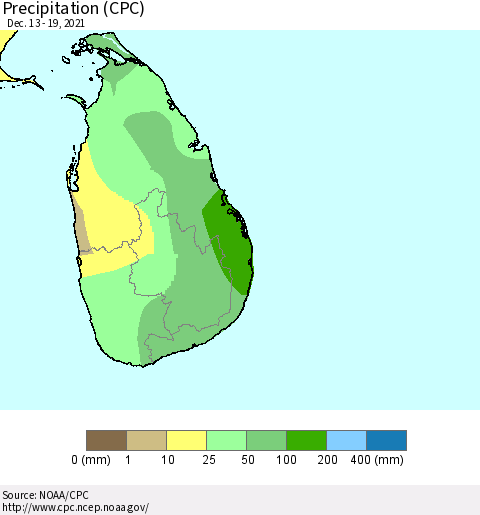 Sri Lanka Precipitation (CPC) Thematic Map For 12/13/2021 - 12/19/2021
