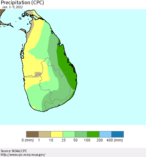 Sri Lanka Precipitation (CPC) Thematic Map For 1/3/2022 - 1/9/2022
