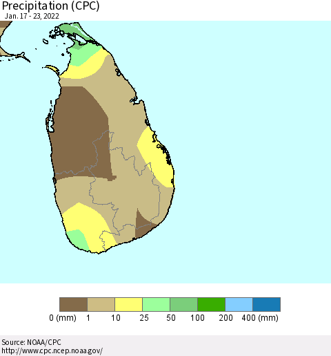 Sri Lanka Precipitation (CPC) Thematic Map For 1/17/2022 - 1/23/2022