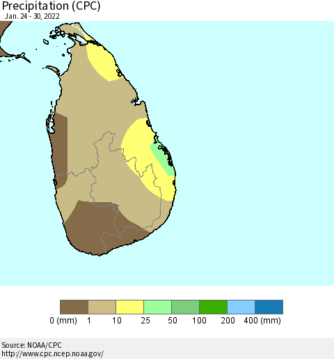 Sri Lanka Precipitation (CPC) Thematic Map For 1/24/2022 - 1/30/2022