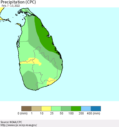 Sri Lanka Precipitation (CPC) Thematic Map For 2/7/2022 - 2/13/2022