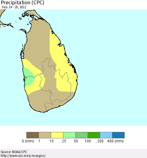 Sri Lanka Precipitation (CPC) Thematic Map For 2/14/2022 - 2/20/2022