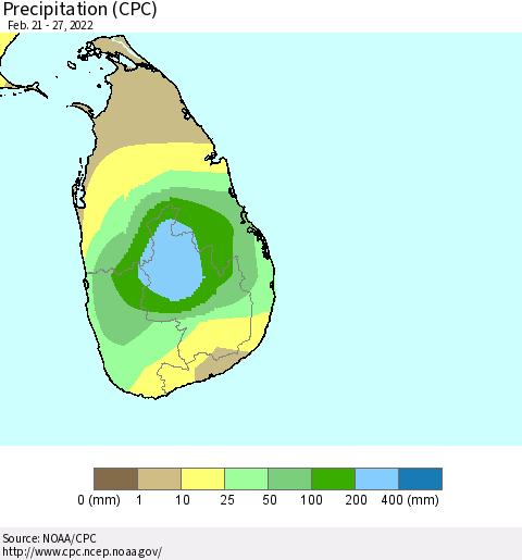 Sri Lanka Precipitation (CPC) Thematic Map For 2/21/2022 - 2/27/2022