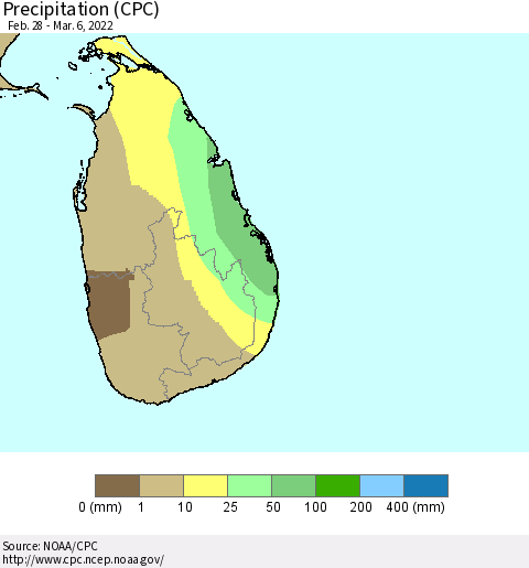 Sri Lanka Precipitation (CPC) Thematic Map For 2/28/2022 - 3/6/2022