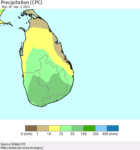 Sri Lanka Precipitation (CPC) Thematic Map For 3/28/2022 - 4/3/2022