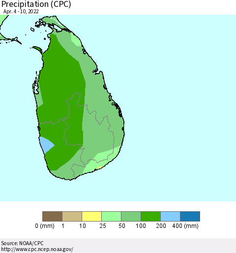 Sri Lanka Precipitation (CPC) Thematic Map For 4/4/2022 - 4/10/2022