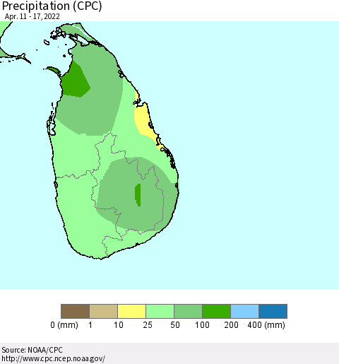 Sri Lanka Precipitation (CPC) Thematic Map For 4/11/2022 - 4/17/2022