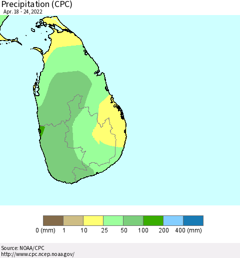 Sri Lanka Precipitation (CPC) Thematic Map For 4/18/2022 - 4/24/2022