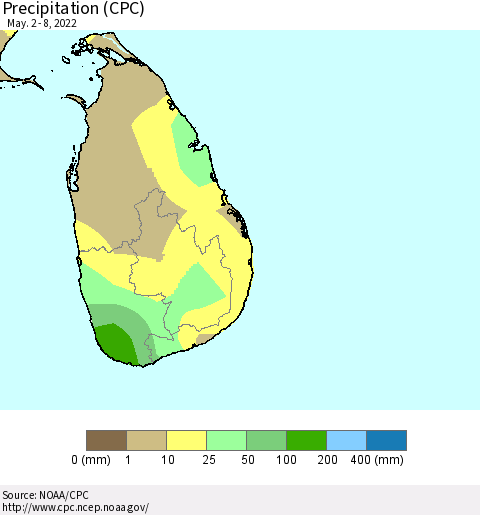 Sri Lanka Precipitation (CPC) Thematic Map For 5/2/2022 - 5/8/2022