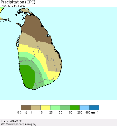 Sri Lanka Precipitation (CPC) Thematic Map For 5/30/2022 - 6/5/2022