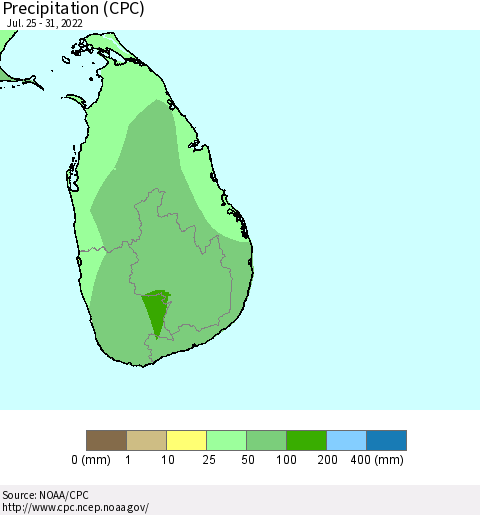 Sri Lanka Precipitation (CPC) Thematic Map For 7/25/2022 - 7/31/2022