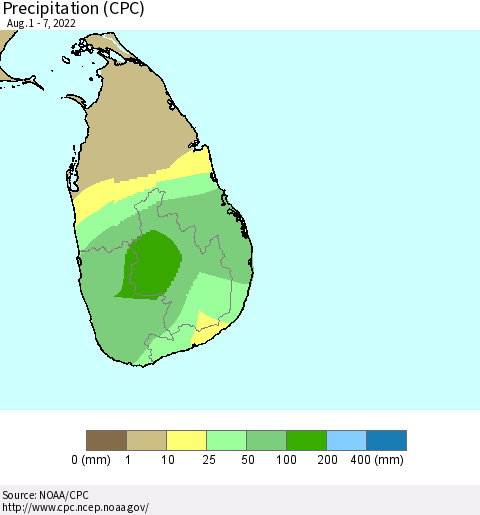 Sri Lanka Precipitation (CPC) Thematic Map For 8/1/2022 - 8/7/2022