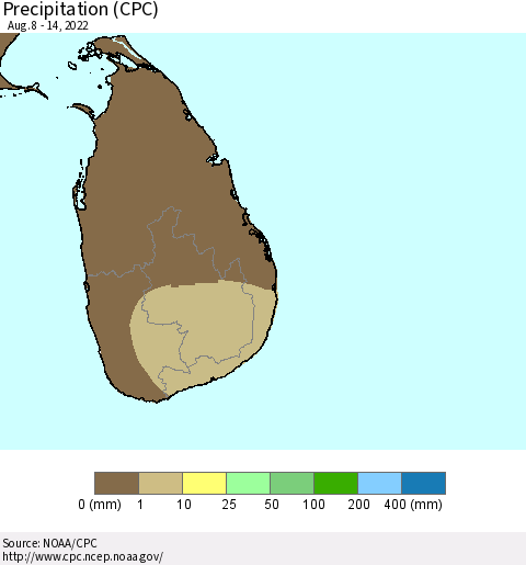 Sri Lanka Precipitation (CPC) Thematic Map For 8/8/2022 - 8/14/2022